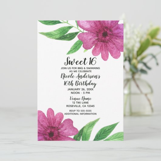 Roze Waterverf Bloembloem Pop Sweet 16 Partij Kaart (Staand voorkant)