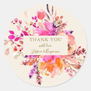 Roze waterverf bloemboeket bruiloft naam aangepast ronde sticker