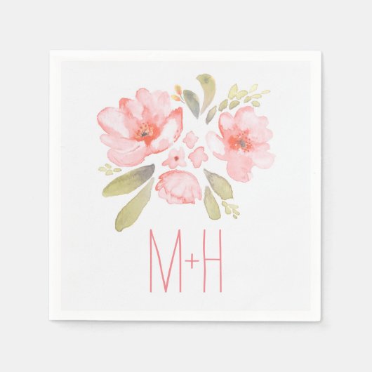 roze waterverf bloemboeket bruiloft servetten (Voorkant)