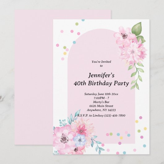 Roze waterverf bloemboeket uitnodiging (Voorkant / Achterkant)