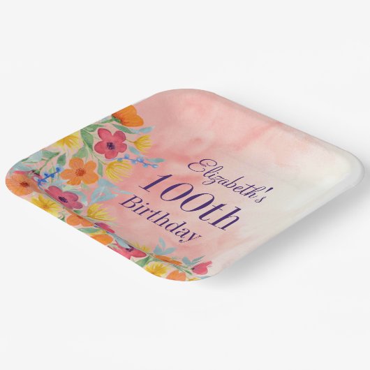 Roze Waterverf Bloemen 100ste Verjaardag Papieren Bordje (Gebogen)