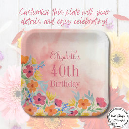 Roze Waterverf Bloemen 40ste Verjaardag Papieren Bordje