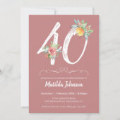 Roze Waterverf Bloemen 40ste Verjaardagsfeest Kaart (Voorkant)