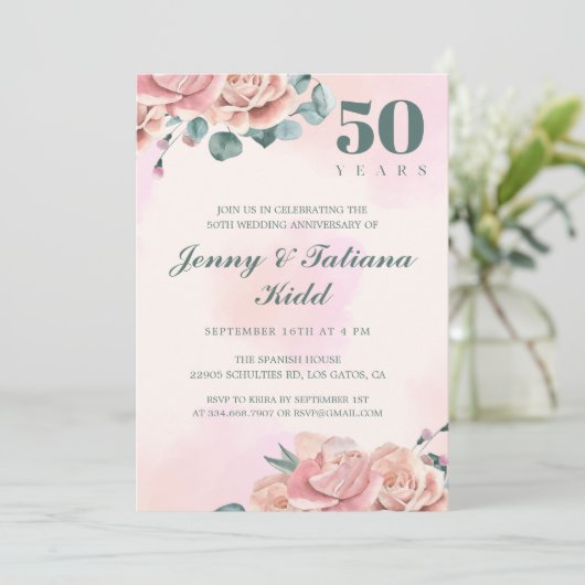 Roze Waterverf Bloemen 50ste trouwdag Kaart (Staand voorkant)