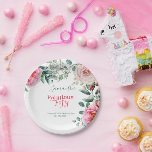 Roze Waterverf Bloemen 50ste Verjaardagsfeest Papieren Bordje (Feest)