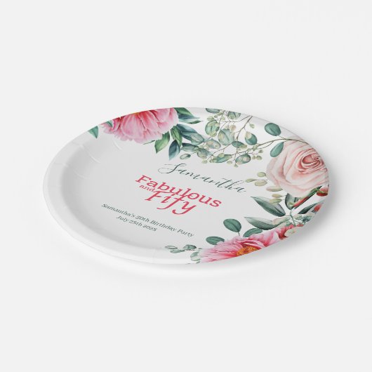 Roze Waterverf Bloemen 50ste Verjaardagsfeest Papieren Bordje (Gekanteld)