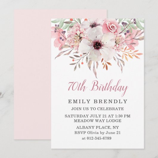 Roze Waterverf Bloemen 70e Verjaardag Uitnodigen Kaart (Voorkant / Achterkant)