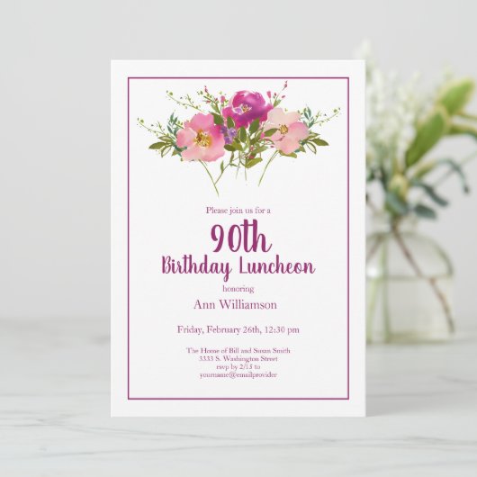 Roze Waterverf Bloemen 90ste Verjaardag Kaart (Staand voorkant)