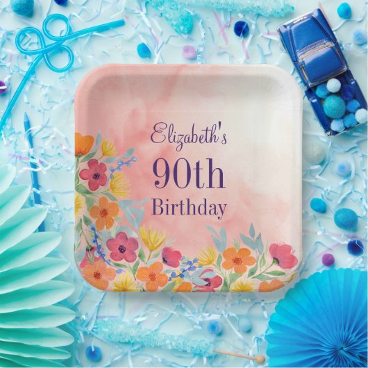 Roze Waterverf Bloemen 90ste Verjaardag Papieren Bordje (Feest)
