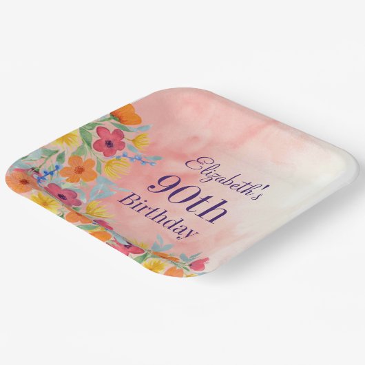 Roze Waterverf Bloemen 90ste Verjaardag Papieren Bordje (Gebogen)