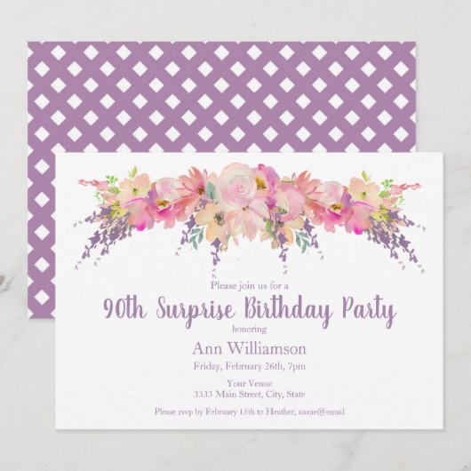 Roze Waterverf Bloemen 90ste Verrassingsverjaardag Kaart (Voorkant / Achterkant)