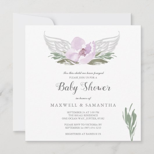 Roze Waterverf Bloemen Angel Wings Baby shower Kaart (Voorkant)