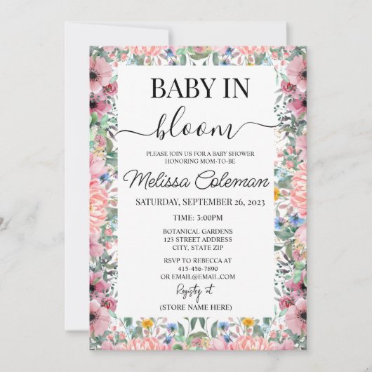 Roze Waterverf Bloemen Baby in Bloom Baby shower Kaart (Voorkant)