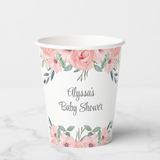  Roze Waterverf Bloemen Baby Meisje Douche Papieren Bekers (Achterkant)