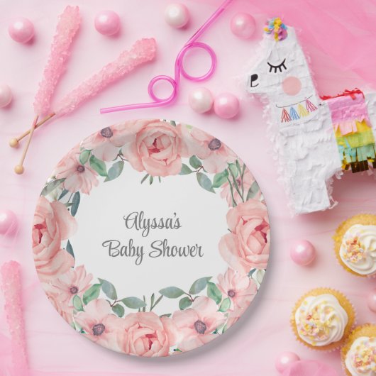  Roze Waterverf Bloemen Baby Meisje Douche Papieren Bordje (Feest)