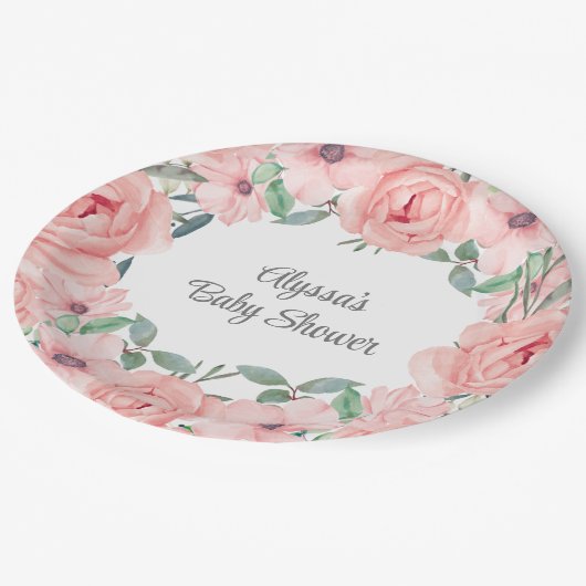  Roze Waterverf Bloemen Baby Meisje Douche Papieren Bordje (Gekanteld)