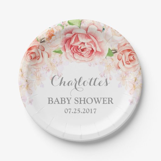 Roze Waterverf Bloemen Baby shower Bord (Voorkant)