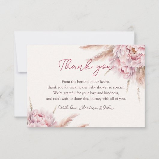 Roze Waterverf Bloemen Baby shower Dank u kaart (Voorkant)
