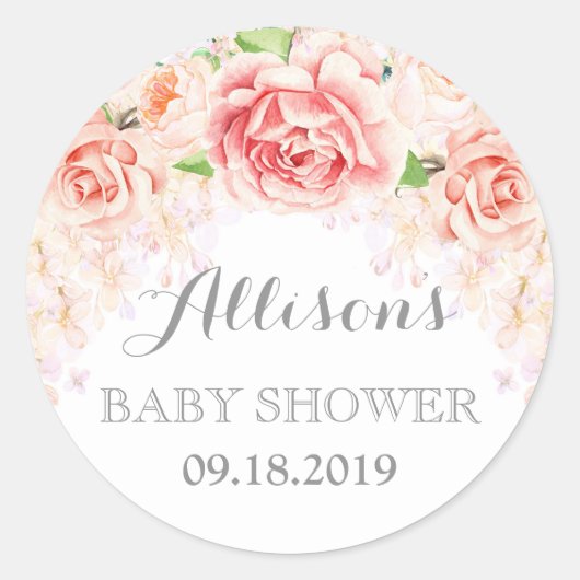 Roze Waterverf Bloemen Baby shower Favor Ronde Sticker (Voorkant)