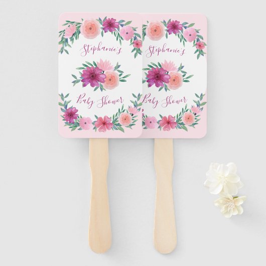 Roze Waterverf Bloemen Baby shower Gepersonaliseer Handwaaier (Voorkant en achterkant)