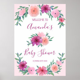 Roze Waterverf Bloemen Baby shower Gepersonaliseer Poster