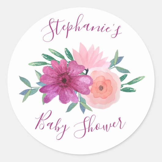 Roze Waterverf Bloemen Baby shower Gepersonaliseer Ronde Sticker (Voorkant)