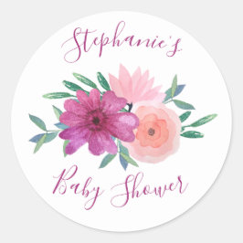 Roze Waterverf Bloemen Baby shower Gepersonaliseer Ronde Sticker
