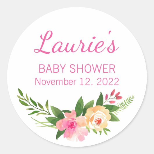 Roze Waterverf bloemen Baby shower Ronde Sticker (Voorkant)