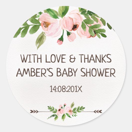 Roze Waterverf Bloemen Baby shower Sticker (Voorkant)