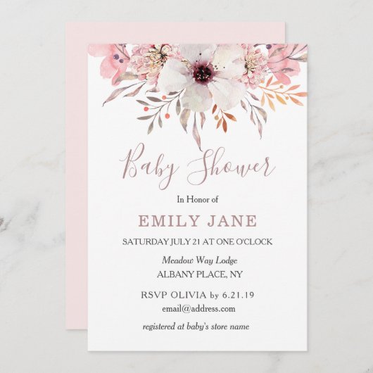 Roze Waterverf Bloemen Baby Shower Uitnodiging (Voorkant / Achterkant)