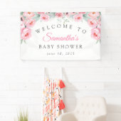 Roze waterverf bloemen, Baby shower, Welkom Spandoek (Insitu)