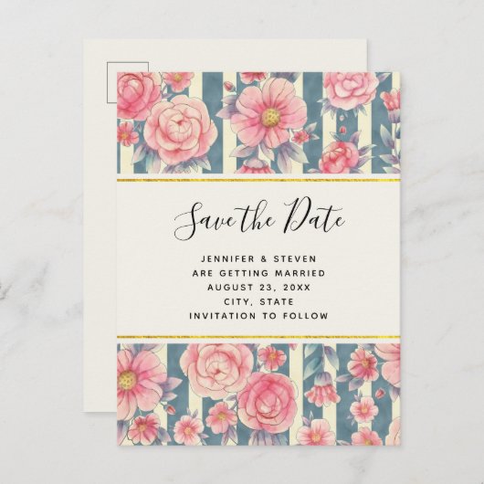 Roze Waterverf bloemen Band sparen de Datum Uitnodiging Briefkaart (Voorkant / Achterkant)