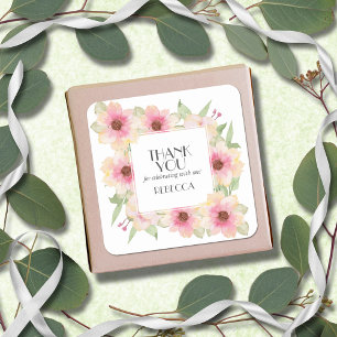 Roze Waterverf Bloemen Bedankt Vierkante Sticker