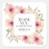 Roze Waterverf Bloemen Bedankt Vierkante Sticker (Voorkant)