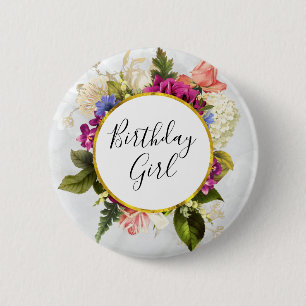 Roze Waterverf Bloemen Birthday Girl Ronde Button 5,7 Cm