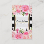 Roze Waterverf bloemen Black White Stripes Classy Visitekaartje (Voorkant)