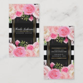 Roze Waterverf bloemen Black White Stripes Classy Visitekaartje (Voorkant / Achterkant)