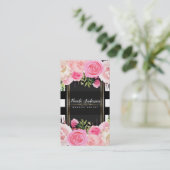 Roze Waterverf bloemen Black White Stripes Classy Visitekaartje (Staand voorkant)