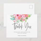Roze Waterverf Bloemen Bladkalligrafie Dank u Briefkaart (Voorkant / Achterkant)