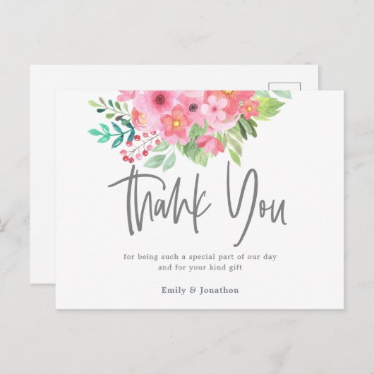 Roze Waterverf Bloemen Bladkalligrafie Dank u Briefkaart (Voorkant / Achterkant)