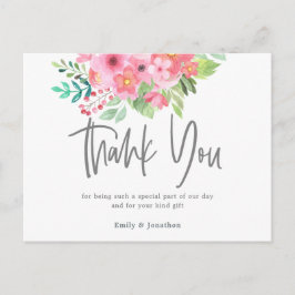 Roze Waterverf Bloemen Bladkalligrafie Dank u Briefkaart