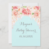 Roze Waterverf Bloemen Blauw Baby shower Uitnodigi Kaart (Voorkant)