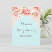Roze Waterverf Bloemen Blauw Baby shower Uitnodigi Kaart (Staand voorkant)