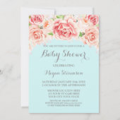 Roze Waterverf Bloemen Blauw Baby shower Uitnodigi Kaart (Achterkant)