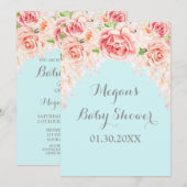 Roze Waterverf Bloemen Blauw Baby shower Uitnodigi Kaart (Voorkant / Achterkant)