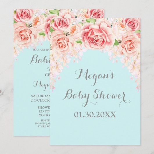Roze Waterverf Bloemen Blauw Baby shower Uitnodigi Kaart (Voorkant / Achterkant)
