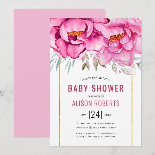 Roze waterverf bloemen Bloed Baby shower Kaart (Voorkant / Achterkant)