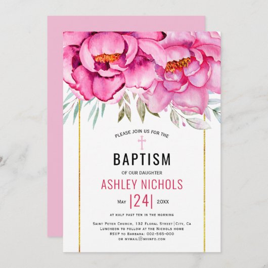 Roze waterverf bloemen bloemmeisje Baptisme Kaart (Voorkant / Achterkant)