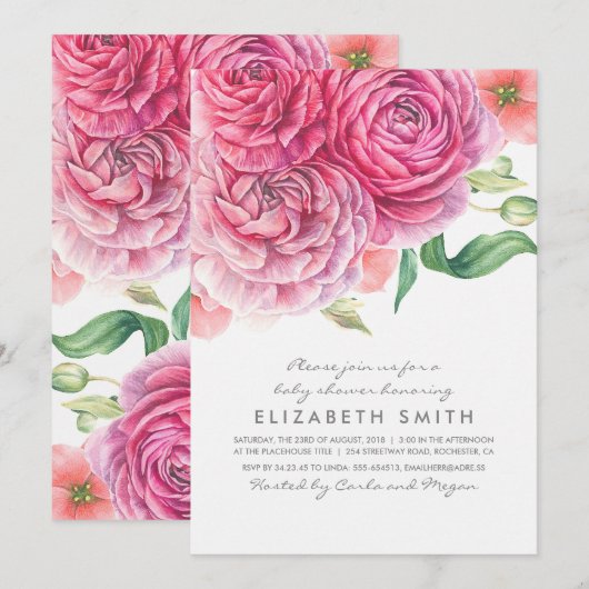 Roze Waterverf Bloemen Botanisch Baby shower Kaart (Voorkant / Achterkant)