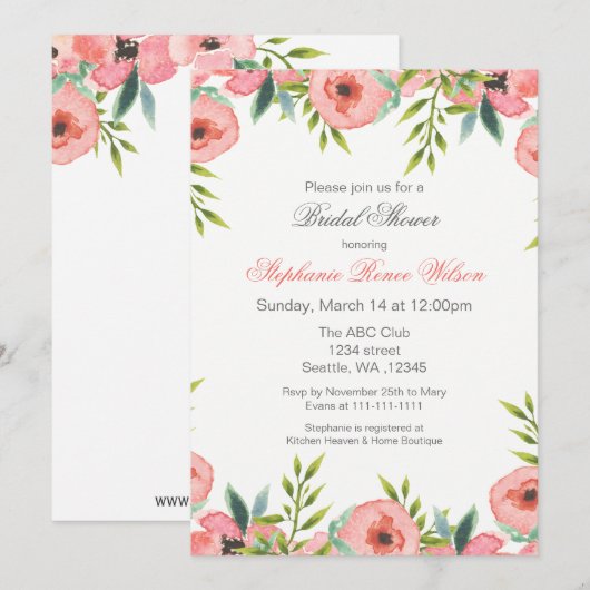 Roze Waterverf bloemen Bridal Shower Invitations Kaart (Voorkant / Achterkant)